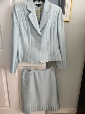 Tahari Light Blue Pleated Blazer & Skirt Two-Piece Suit